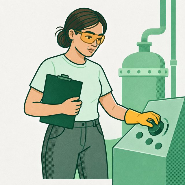 Pracownica w okularach ochronnych reguluje pokrętło na zamkniętym panelu instalacji chemicznej.