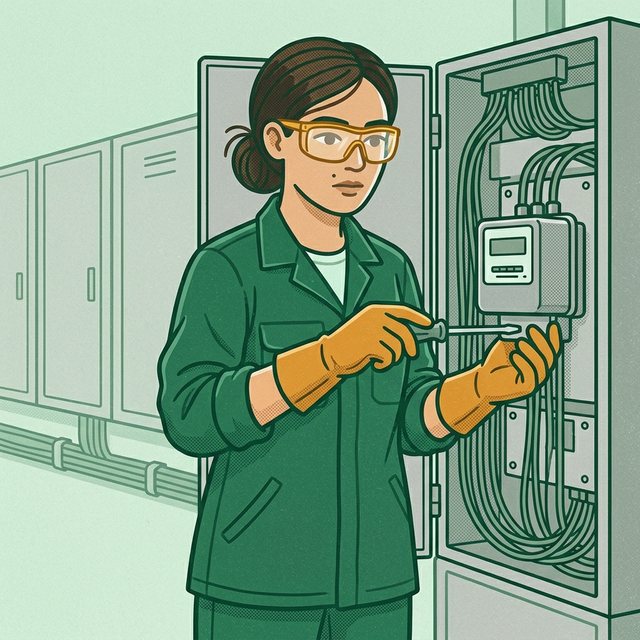 Pracownica w okularach ochronnych i rękawicach dokręca wkrętakiem licznik energii w otwartej szafie rozliczeniowej z uporządkowanymi przewodami.