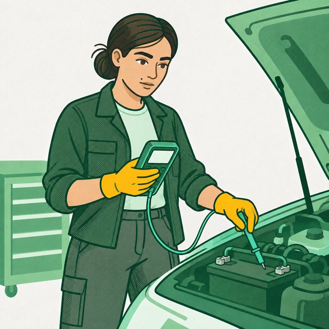 Pracownica mierzy miernikiem złącze instalacji elektrycznej przy otwartej komorze silnika.