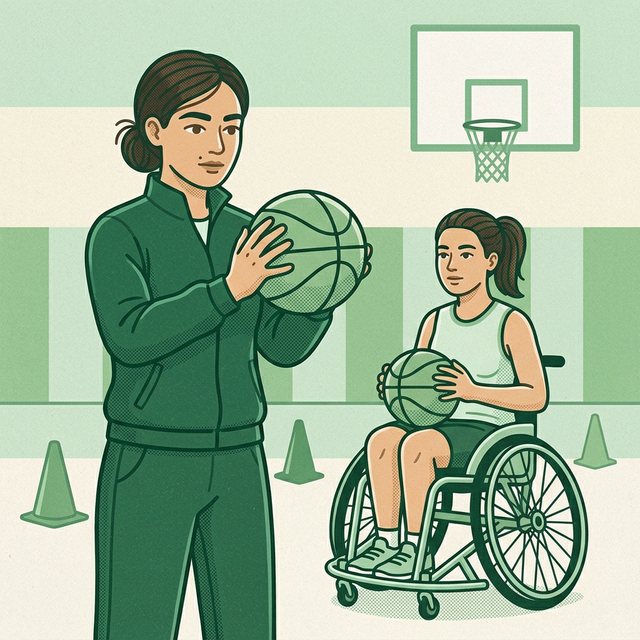 Pracownica w dresie trzyma piłkę do koszykówki, pokazując technikę rzutu zawodniczce na wózku sportowym w hali, w tle kosz i pachołki.