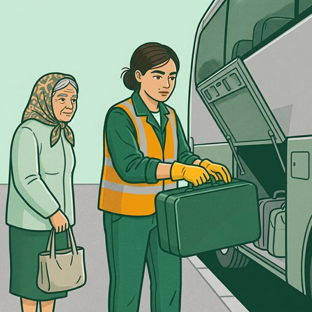 Pracownica w kamizelce ostrzegawczej i rękawicach wkłada walizkę do otwartego bagażnika autobusu, obok starsza pasażerka z torbą czeka na chodniku, w tle wnętrze autobusu z fotelami i kolejne bagaże w luku.