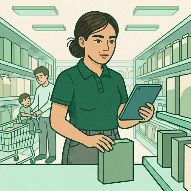 Pracownica w koszulce służbowej trzyma tablet i dotyka kartonu z towarem na regale w alejce sklepu, w tle klient z dzieckiem w wózku sklepowym i półki z produktami.