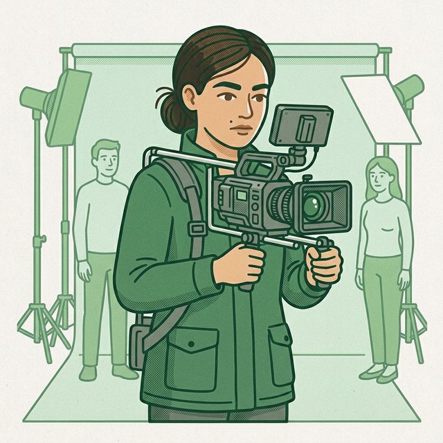 Pracownica w kurtce filmuje kamerą z monitorem, zamontowaną na ramieniu na stabilizatorze z dwoma uchwytami, w tle plan zdjęciowy z tłem, lampami i dwiema osobami.