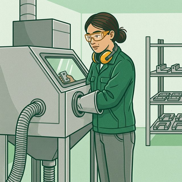 Pracownica w okularach ochronnych, z ochronnikami słuchu na szyi, obsługuje przez rękawice roboczy element metalowy w komorze piaskarskiej, obok regał z elementami i wąż odciągu.