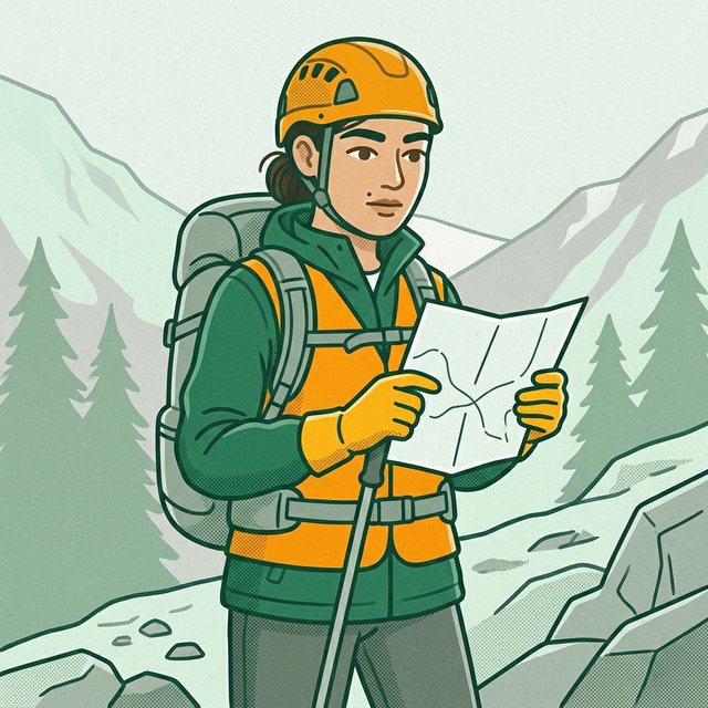 Pracownica w kasku, kamizelce odblaskowej, z plecakiem i w rękawicach trzyma mapę i kijek trekkingowy w terenie górskim, w tle lasy i szczyty.