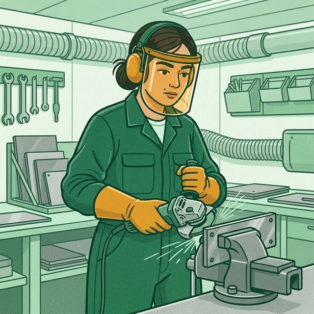Pracownica w przyłbicy, nausznikach i rękawicach szlifuje szlifierką kątową wyrób metalowy zamocowany w imadle, z krawędzi lecą iskry, w tle odciąg pyłów.