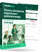 Pudełko dokumentu „Ocena obciążenia mięśniowo-szkieletowego” ze znakiem Ryzykomat i napisem „Plik Word (DOCX)” na froncie, ilustracja stanowiska „Andragog”; zza pudełka wystaje strona prawdziwego dokumentu z rozmytą treścią