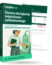 Pudełko dokumentu „Ocena obciążenia mięśniowo-szkieletowego” ze znakiem Ryzykomat i napisem „Plik Word (DOCX)” na froncie, ilustracja stanowiska „Aparatowy procesów chemicznych”; zza pudełka wystaje strona prawdziwego dokumentu z rozmytą treścią