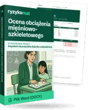 Pudełko dokumentu „Ocena obciążenia mięśniowo-szkieletowego” ze znakiem Ryzykomat i napisem „Plik Word (DOCX)” na froncie, ilustracja stanowiska „Asystent nauczyciela dziecka cudzoziemca”; zza pudełka wystaje strona prawdziwego dokumentu z rozmytą treścią