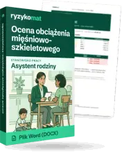 Pudełko dokumentu „Ocena obciążenia mięśniowo-szkieletowego” ze znakiem Ryzykomat i napisem „Plik Word (DOCX)” na froncie, ilustracja stanowiska „Asystent rodziny”; zza pudełka wystaje strona prawdziwego dokumentu z rozmytą treścią