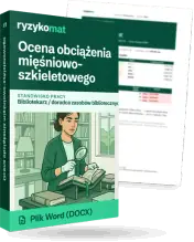 Pudełko dokumentu „Ocena obciążenia mięśniowo-szkieletowego” ze znakiem Ryzykomat i napisem „Plik Word (DOCX)” na froncie, ilustracja stanowiska „Bibliotekarz / doradca zasobów bibliotecznych”; zza pudełka wystaje strona prawdziwego dokumentu z rozmytą treścią