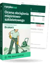 Pudełko dokumentu „Ocena obciążenia mięśniowo-szkieletowego” ze znakiem Ryzykomat i napisem „Plik Word (DOCX)” na froncie, ilustracja stanowiska „Brukarz”; zza pudełka wystaje strona prawdziwego dokumentu z rozmytą treścią