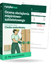 Pudełko dokumentu „Ocena obciążenia mięśniowo-szkieletowego” ze znakiem Ryzykomat i napisem „Plik Word (DOCX)” na froncie, ilustracja stanowiska „Cieśla szalunkowy”; zza pudełka wystaje strona prawdziwego dokumentu z rozmytą treścią