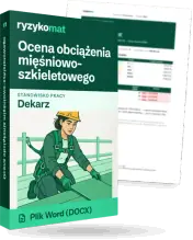 Pudełko dokumentu „Ocena obciążenia mięśniowo-szkieletowego” ze znakiem Ryzykomat i napisem „Plik Word (DOCX)” na froncie, ilustracja stanowiska „Dekarz”; zza pudełka wystaje strona prawdziwego dokumentu z rozmytą treścią