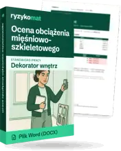 Pudełko dokumentu „Ocena obciążenia mięśniowo-szkieletowego” ze znakiem Ryzykomat i napisem „Plik Word (DOCX)” na froncie, ilustracja stanowiska „Dekorator wnętrz”; zza pudełka wystaje strona prawdziwego dokumentu z rozmytą treścią