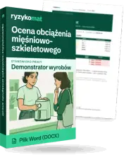 Pudełko dokumentu „Ocena obciążenia mięśniowo-szkieletowego” ze znakiem Ryzykomat i napisem „Plik Word (DOCX)” na froncie, ilustracja stanowiska „Demonstrator wyrobów”; zza pudełka wystaje strona prawdziwego dokumentu z rozmytą treścią