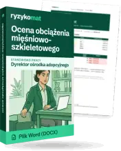 Pudełko dokumentu „Ocena obciążenia mięśniowo-szkieletowego” ze znakiem Ryzykomat i napisem „Plik Word (DOCX)” na froncie, ilustracja stanowiska „Dyrektor ośrodka adopcyjnego”; zza pudełka wystaje strona prawdziwego dokumentu z rozmytą treścią
