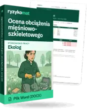 Pudełko dokumentu „Ocena obciążenia mięśniowo-szkieletowego” ze znakiem Ryzykomat i napisem „Plik Word (DOCX)” na froncie, ilustracja stanowiska „Ekolog”; zza pudełka wystaje strona prawdziwego dokumentu z rozmytą treścią