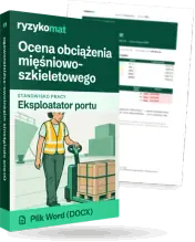 Pudełko dokumentu „Ocena obciążenia mięśniowo-szkieletowego” ze znakiem Ryzykomat i napisem „Plik Word (DOCX)” na froncie, ilustracja stanowiska „Eksploatator portu”; zza pudełka wystaje strona prawdziwego dokumentu z rozmytą treścią