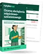 Pudełko dokumentu „Ocena obciążenia mięśniowo-szkieletowego” ze znakiem Ryzykomat i napisem „Plik Word (DOCX)” na froncie, ilustracja stanowiska „Elektromonter / elektryk zakładowy”; zza pudełka wystaje strona prawdziwego dokumentu z rozmytą treścią