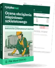 Pudełko dokumentu „Ocena obciążenia mięśniowo-szkieletowego” ze znakiem Ryzykomat i napisem „Plik Word (DOCX)” na froncie, ilustracja stanowiska „Elektromonter prefabrykowanych stacji transformatorowych”; zza pudełka wystaje strona prawdziwego dokumentu z rozmytą treścią