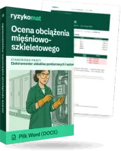 Pudełko dokumentu „Ocena obciążenia mięśniowo-szkieletowego” ze znakiem Ryzykomat i napisem „Plik Word (DOCX)” na froncie, ilustracja stanowiska „Elektromonter układów pomiarowych i automatyki zabezpieczeniowej”; zza pudełka wystaje strona prawdziwego dokumentu z rozmytą treścią