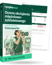 Pudełko dokumentu „Ocena obciążenia mięśniowo-szkieletowego” ze znakiem Ryzykomat i napisem „Plik Word (DOCX)” na froncie, ilustracja stanowiska „Fotoreporter”; zza pudełka wystaje strona prawdziwego dokumentu z rozmytą treścią