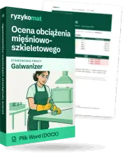 Pudełko dokumentu „Ocena obciążenia mięśniowo-szkieletowego” ze znakiem Ryzykomat i napisem „Plik Word (DOCX)” na froncie, ilustracja stanowiska „Galwanizer”; zza pudełka wystaje strona prawdziwego dokumentu z rozmytą treścią