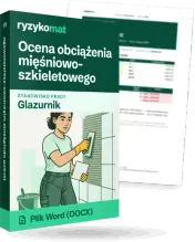 Pudełko dokumentu „Ocena obciążenia mięśniowo-szkieletowego” ze znakiem Ryzykomat i napisem „Plik Word (DOCX)” na froncie, ilustracja stanowiska „Glazurnik”; zza pudełka wystaje strona prawdziwego dokumentu z rozmytą treścią