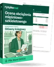 Pudełko dokumentu „Ocena obciążenia mięśniowo-szkieletowego” ze znakiem Ryzykomat i napisem „Plik Word (DOCX)” na froncie, ilustracja stanowiska „Główny księgowy”; zza pudełka wystaje strona prawdziwego dokumentu z rozmytą treścią
