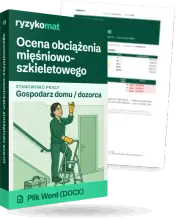 Pudełko dokumentu „Ocena obciążenia mięśniowo-szkieletowego” ze znakiem Ryzykomat i napisem „Plik Word (DOCX)” na froncie, ilustracja stanowiska „Gospodarz domu / dozorca”; zza pudełka wystaje strona prawdziwego dokumentu z rozmytą treścią