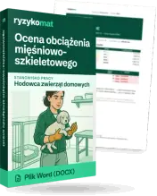 Pudełko dokumentu „Ocena obciążenia mięśniowo-szkieletowego” ze znakiem Ryzykomat i napisem „Plik Word (DOCX)” na froncie, ilustracja stanowiska „Hodowca zwierząt domowych”; zza pudełka wystaje strona prawdziwego dokumentu z rozmytą treścią