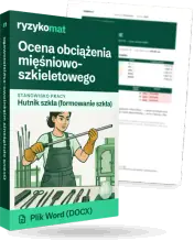Pudełko dokumentu „Ocena obciążenia mięśniowo-szkieletowego” ze znakiem Ryzykomat i napisem „Plik Word (DOCX)” na froncie, ilustracja stanowiska „Hutnik szkła (formowanie szkła)”; zza pudełka wystaje strona prawdziwego dokumentu z rozmytą treścią