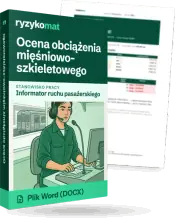 Pudełko dokumentu „Ocena obciążenia mięśniowo-szkieletowego” ze znakiem Ryzykomat i napisem „Plik Word (DOCX)” na froncie, ilustracja stanowiska „Informator ruchu pasażerskiego”; zza pudełka wystaje strona prawdziwego dokumentu z rozmytą treścią