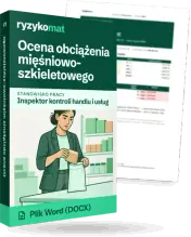 Pudełko dokumentu „Ocena obciążenia mięśniowo-szkieletowego” ze znakiem Ryzykomat i napisem „Plik Word (DOCX)” na froncie, ilustracja stanowiska „Inspektor kontroli handlu i usług”; zza pudełka wystaje strona prawdziwego dokumentu z rozmytą treścią