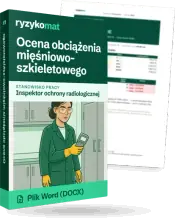 Pudełko dokumentu „Ocena obciążenia mięśniowo-szkieletowego” ze znakiem Ryzykomat i napisem „Plik Word (DOCX)” na froncie, ilustracja stanowiska „Inspektor ochrony radiologicznej”; zza pudełka wystaje strona prawdziwego dokumentu z rozmytą treścią