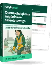 Pudełko dokumentu „Ocena obciążenia mięśniowo-szkieletowego” ze znakiem Ryzykomat i napisem „Plik Word (DOCX)” na froncie, ilustracja stanowiska „Inspektor ochrony środowiska”; zza pudełka wystaje strona prawdziwego dokumentu z rozmytą treścią
