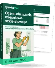 Pudełko dokumentu „Ocena obciążenia mięśniowo-szkieletowego” ze znakiem Ryzykomat i napisem „Plik Word (DOCX)” na froncie, ilustracja stanowiska „Instalator systemów alarmowych i monitoringu”; zza pudełka wystaje strona prawdziwego dokumentu z rozmytą treścią