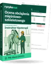 Pudełko dokumentu „Ocena obciążenia mięśniowo-szkieletowego” ze znakiem Ryzykomat i napisem „Plik Word (DOCX)” na froncie, ilustracja stanowiska „Instruktor hipoterapii”; zza pudełka wystaje strona prawdziwego dokumentu z rozmytą treścią