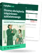 Pudełko dokumentu „Ocena obciążenia mięśniowo-szkieletowego” ze znakiem Ryzykomat i napisem „Plik Word (DOCX)” na froncie, ilustracja stanowiska „Instruktor sportu osób niepełnosprawnych”; zza pudełka wystaje strona prawdziwego dokumentu z rozmytą treścią