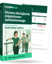 Pudełko dokumentu „Ocena obciążenia mięśniowo-szkieletowego” ze znakiem Ryzykomat i napisem „Plik Word (DOCX)” na froncie, ilustracja stanowiska „Instruktor tańca”; zza pudełka wystaje strona prawdziwego dokumentu z rozmytą treścią