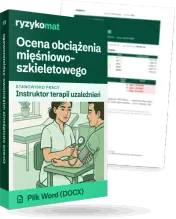 Pudełko dokumentu „Ocena obciążenia mięśniowo-szkieletowego” ze znakiem Ryzykomat i napisem „Plik Word (DOCX)” na froncie, ilustracja stanowiska „Instruktor terapii uzależnień”; zza pudełka wystaje strona prawdziwego dokumentu z rozmytą treścią