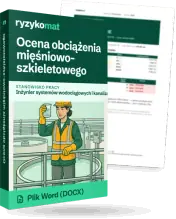 Pudełko dokumentu „Ocena obciążenia mięśniowo-szkieletowego” ze znakiem Ryzykomat i napisem „Plik Word (DOCX)” na froncie, ilustracja stanowiska „Inżynier systemów wodociągowych i kanalizacyjnych”; zza pudełka wystaje strona prawdziwego dokumentu z rozmytą treścią