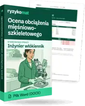 Pudełko dokumentu „Ocena obciążenia mięśniowo-szkieletowego” ze znakiem Ryzykomat i napisem „Plik Word (DOCX)” na froncie, ilustracja stanowiska „Inżynier włókiennik”; zza pudełka wystaje strona prawdziwego dokumentu z rozmytą treścią
