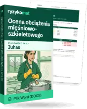 Pudełko dokumentu „Ocena obciążenia mięśniowo-szkieletowego” ze znakiem Ryzykomat i napisem „Plik Word (DOCX)” na froncie, ilustracja stanowiska „Juhas”; zza pudełka wystaje strona prawdziwego dokumentu z rozmytą treścią