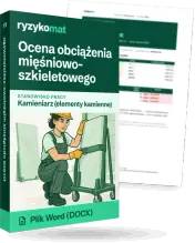 Pudełko dokumentu „Ocena obciążenia mięśniowo-szkieletowego” ze znakiem Ryzykomat i napisem „Plik Word (DOCX)” na froncie, ilustracja stanowiska „Kamieniarz (elementy kamienne)”; zza pudełka wystaje strona prawdziwego dokumentu z rozmytą treścią