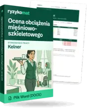 Pudełko dokumentu „Ocena obciążenia mięśniowo-szkieletowego” ze znakiem Ryzykomat i napisem „Plik Word (DOCX)” na froncie, ilustracja stanowiska „Kelner”; zza pudełka wystaje strona prawdziwego dokumentu z rozmytą treścią