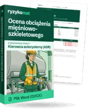Pudełko dokumentu „Ocena obciążenia mięśniowo-szkieletowego” ze znakiem Ryzykomat i napisem „Plik Word (DOCX)” na froncie, ilustracja stanowiska „Kierowca autocysterny (ADR)”; zza pudełka wystaje strona prawdziwego dokumentu z rozmytą treścią