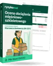 Pudełko dokumentu „Ocena obciążenia mięśniowo-szkieletowego” ze znakiem Ryzykomat i napisem „Plik Word (DOCX)” na froncie, ilustracja stanowiska „Kierowca dostawczy (do 3,5 t)”; zza pudełka wystaje strona prawdziwego dokumentu z rozmytą treścią