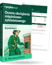 Pudełko dokumentu „Ocena obciążenia mięśniowo-szkieletowego” ze znakiem Ryzykomat i napisem „Plik Word (DOCX)” na froncie, ilustracja stanowiska „Kominiarz”; zza pudełka wystaje strona prawdziwego dokumentu z rozmytą treścią